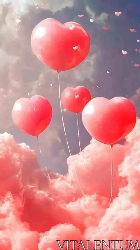 Red heart-shaped balloons suspended in cloud formation.