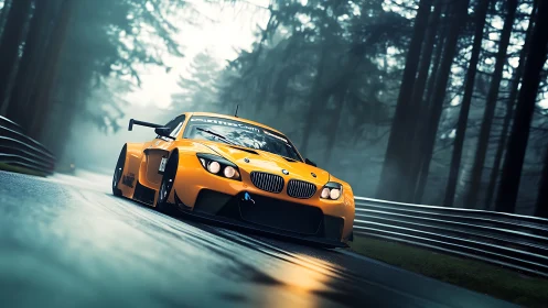 Golden race car slicing through a misty forest circuit.