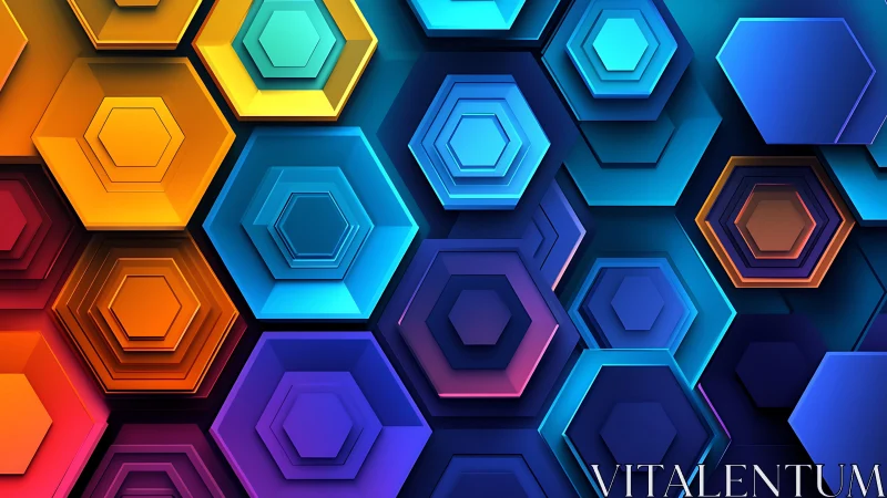 Layered neon hexagons create a dynamic geometric mosaic.
