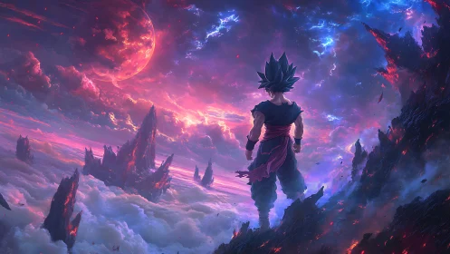 Anime warrior over burning clouds on alien horizon.
