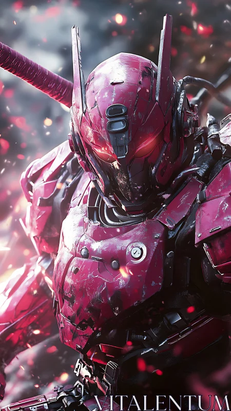 Red armored humanoid mech with glowing visor in sparks scene.