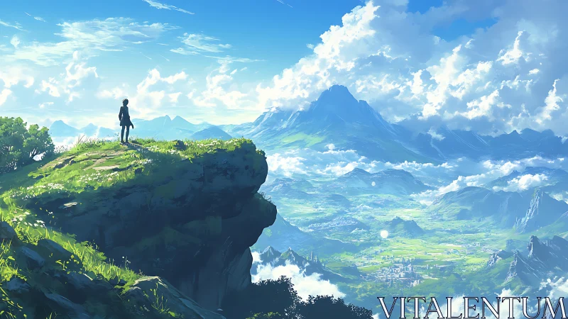 Solitary wanderer overlooking luminous valley expanse.