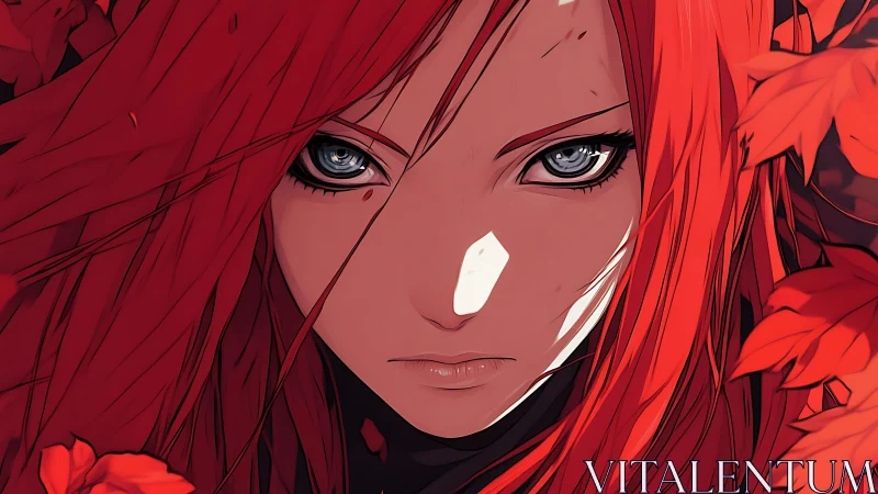 Fiery red-haired anime warrior with intense silver eyes.