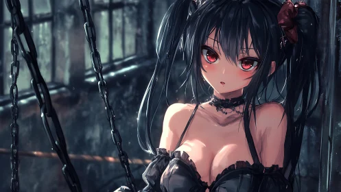 Gothic anime girl with crimson eyes in shadowed chains room.
