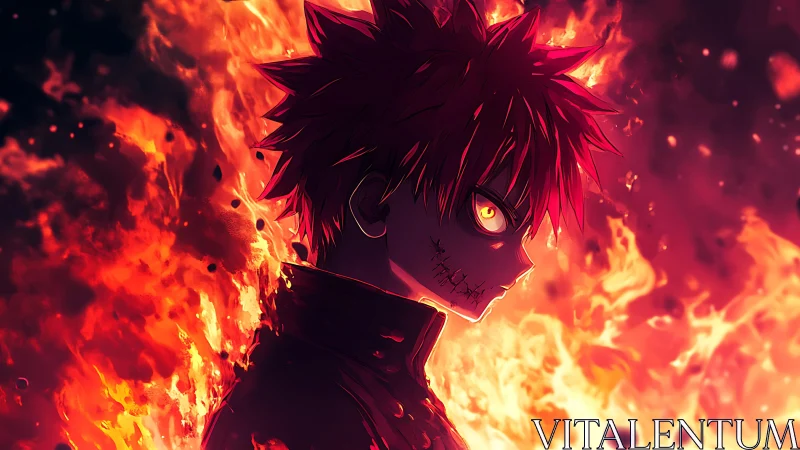 Side profile of stylized figure amid intense surrounding flames.