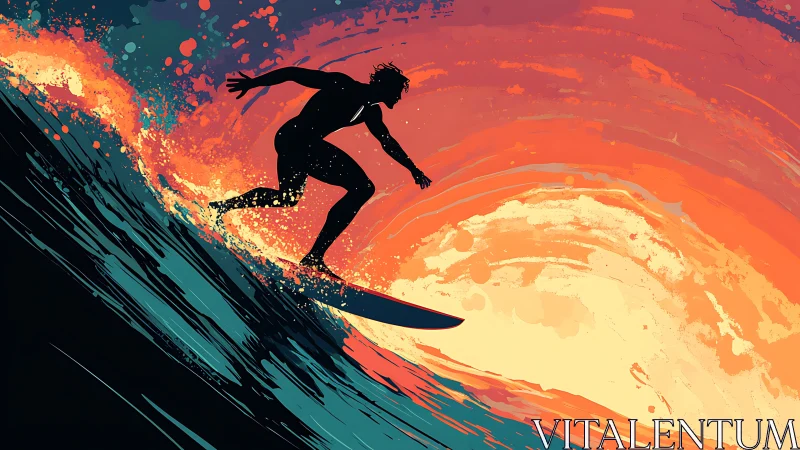 Surfer carves glowing wave under explosive sunset sky
