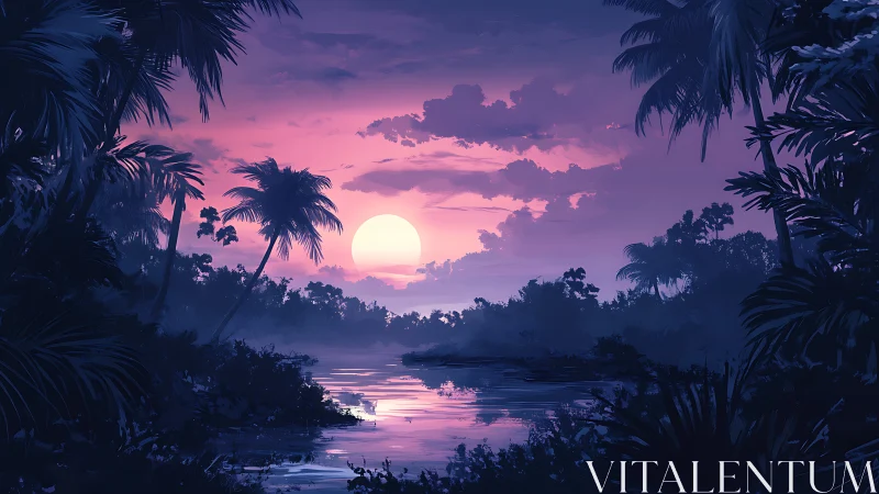Soft tropical sunset glows over a tranquil jungle river
