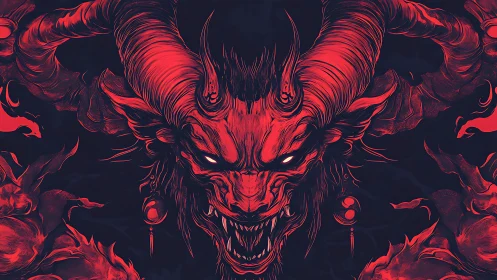 Symmetrical demonic portrait renders horned beast in neon red