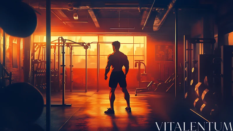 Silhouette bodybuilder in glowing sunset-lit urban gym.