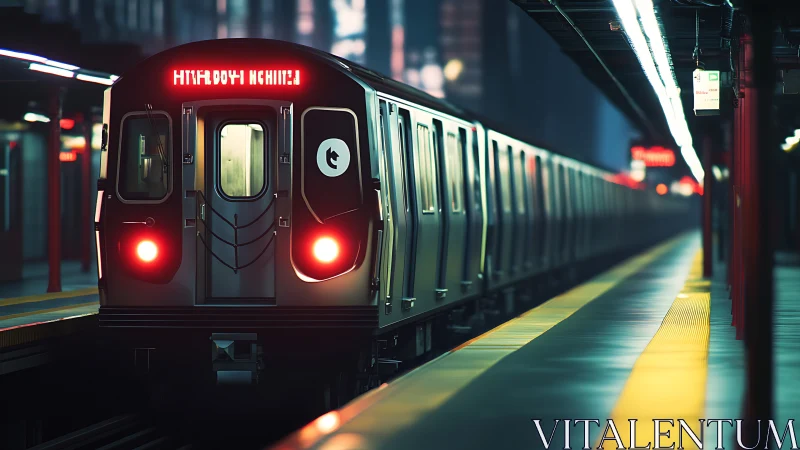 Subway train stands idle on empty underground platform at night