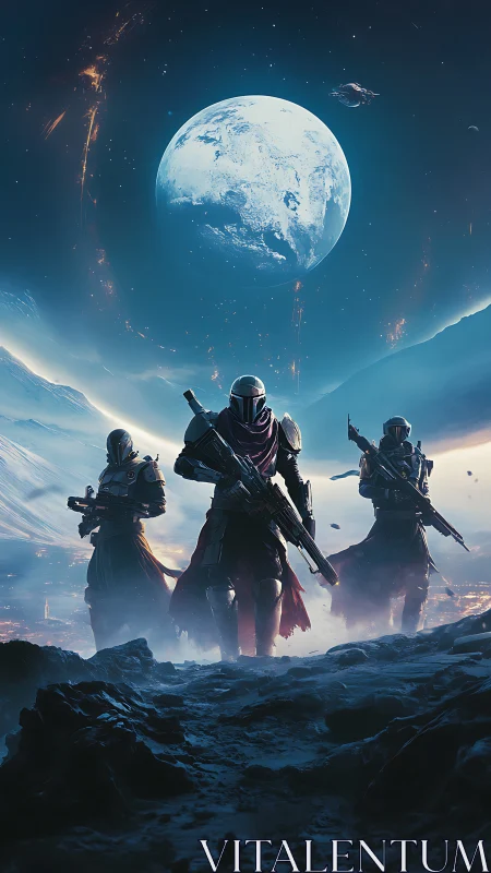 Starlit guardians stride forward beneath a glowing planet sky