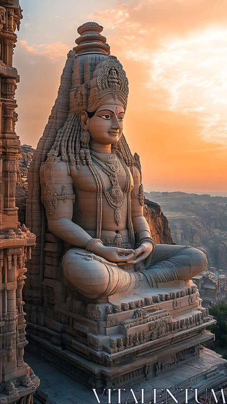 Colossal seated stone deity statue at sunset on cliffside.