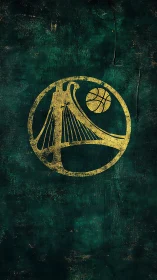 Golden basketball bridge emblem on distressed teal backdrop