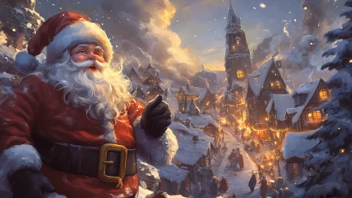 Illuminated Santa portrait above snowbound festive village.