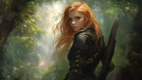 Fearless red‑haired ranger watches over a glowing jungle path