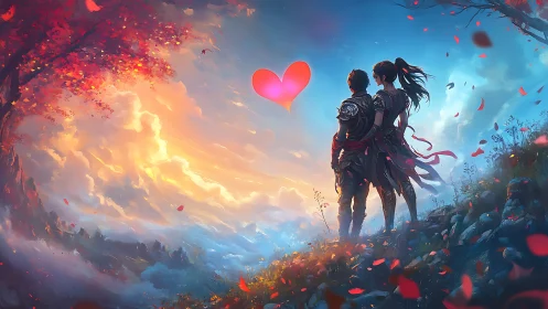 Two warriors stand beneath glowing heart against fire and sky.