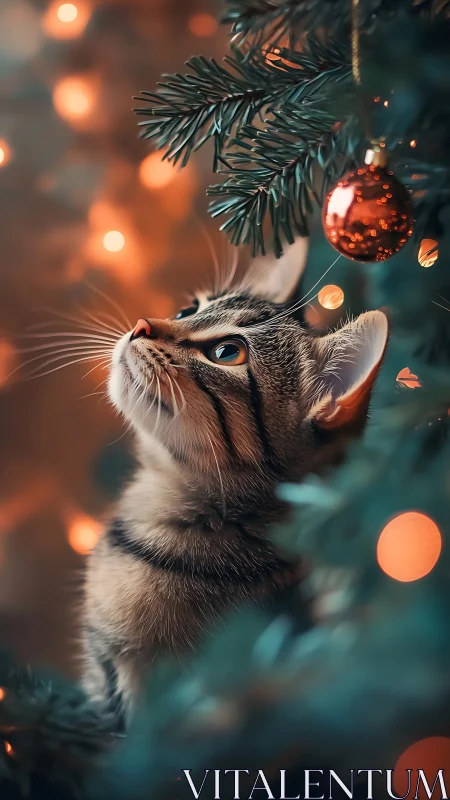 Wide-eyed tabby studies one glittering Christmas bauble.