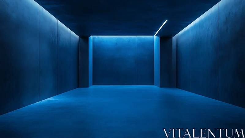 Minimalist blue corridor rendered with linear LED ceiling light
