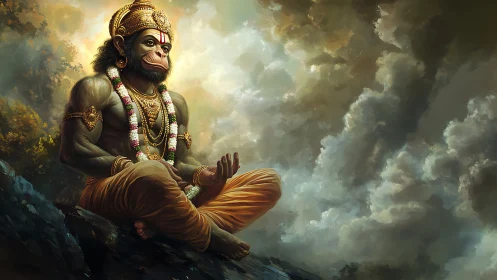 Serene monkey deity seated in meditation on rocky ledge.
