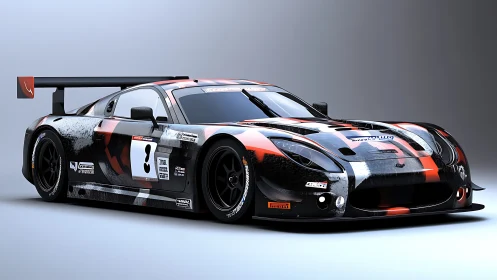 Black and red GT race car with wide rear wing profile.