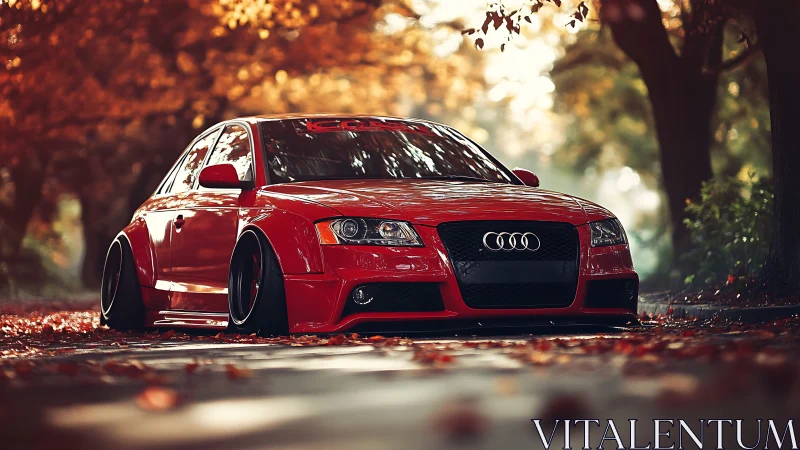 Red Audi sedan stands lowered amid glowing autumn foliage.