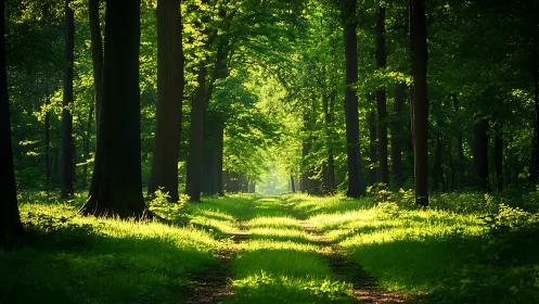 Sunlit Forest Path in Lush Green Woods, Tranquil Nature Photography.