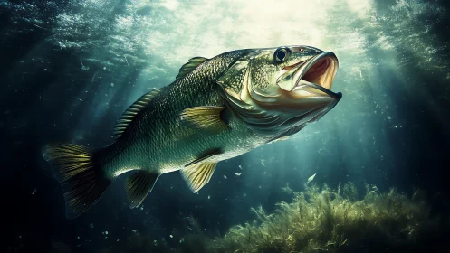 Underwater largemouth bass in filtered sunlight scene.