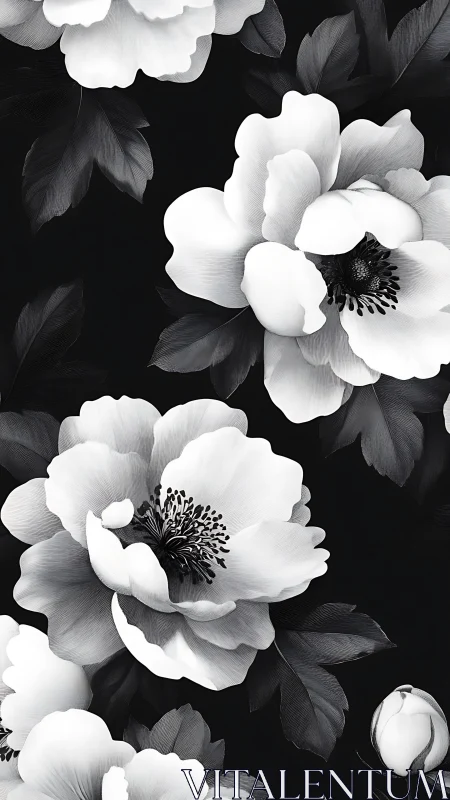 Black and white floral composition with blooming peonies.