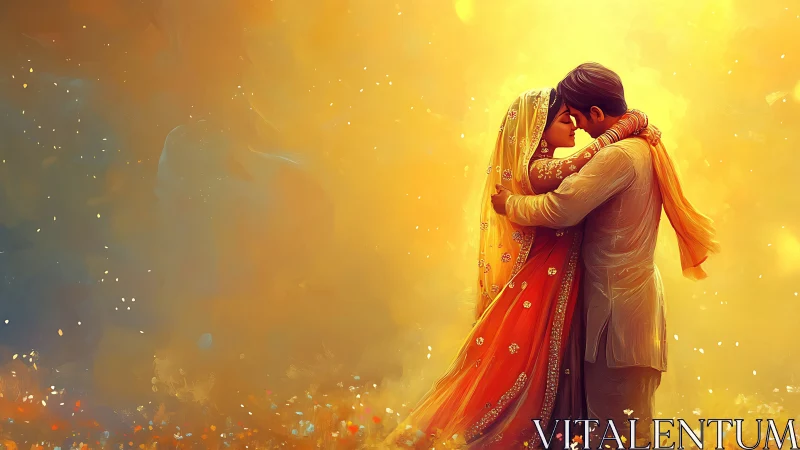 Embracing couple rendered in warm golden lighting with ceremonial attire