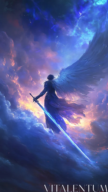 Celestial winged guardian with radiant energy sword in clouds.