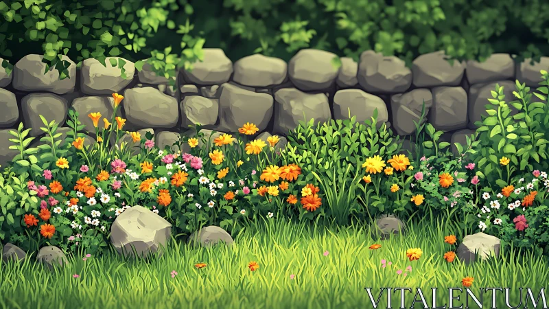 Sunlit garden wall cradling wildflower confetti bloomscape.