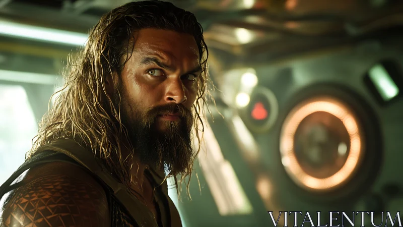 Brooding warrior in high-tech chamber glares with intensity.