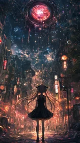 Girl beneath cosmic reactor in neon-soaked cyber cityscape.