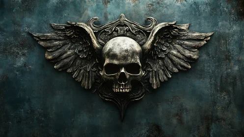 Winged skull relief is mounted against a textured wall