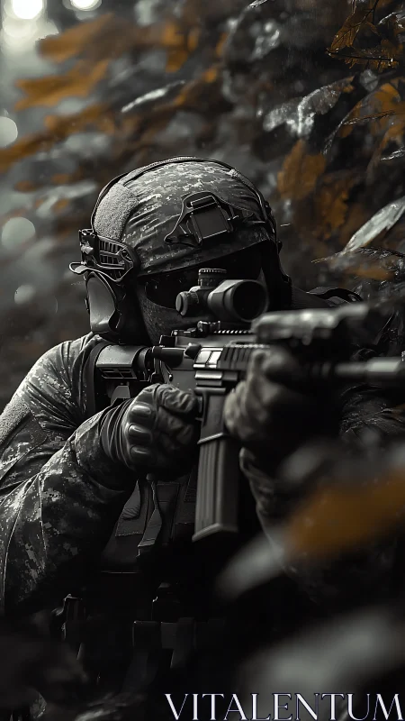 Stealth soldier edging through misty forest shadows at dawn.