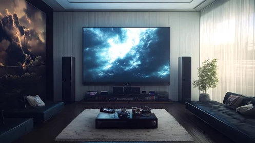 Ultra-wide home cinema with ambient sci-fi display and hi-fi