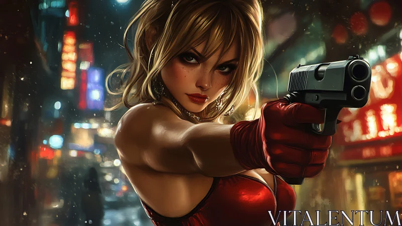 Armed femme fatale aims pistol in neon lit urban alleyway