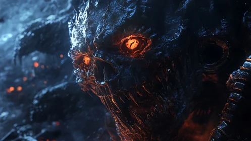 Infernal demon skull with molten eyes in icy void.