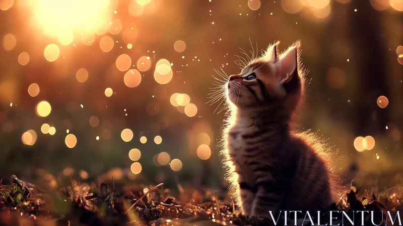 Tabby Kitten Gazing Upward in Golden Bokeh Setting