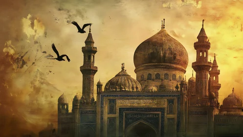 Gilded domes and soaring crows above a mystical citadel.
