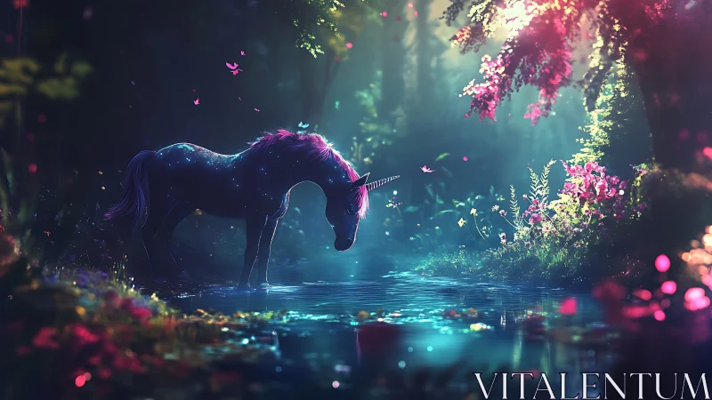 Starlit unicorn pauses to drink where forest light blooms