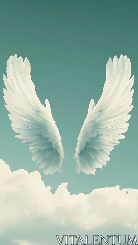 Suspended white angel wings above stylized cumulus cloudscape