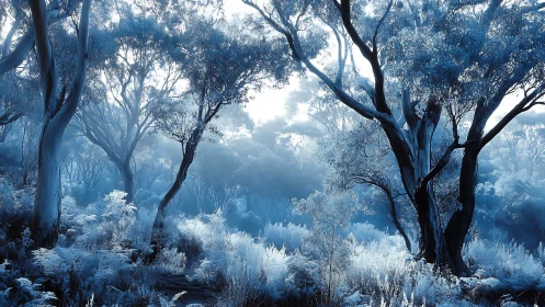 Frosted Eucalyptus Forest with Misty Depths and Atmospheric Light