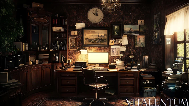 Study workspace shows wooden desk, shelving and monitor