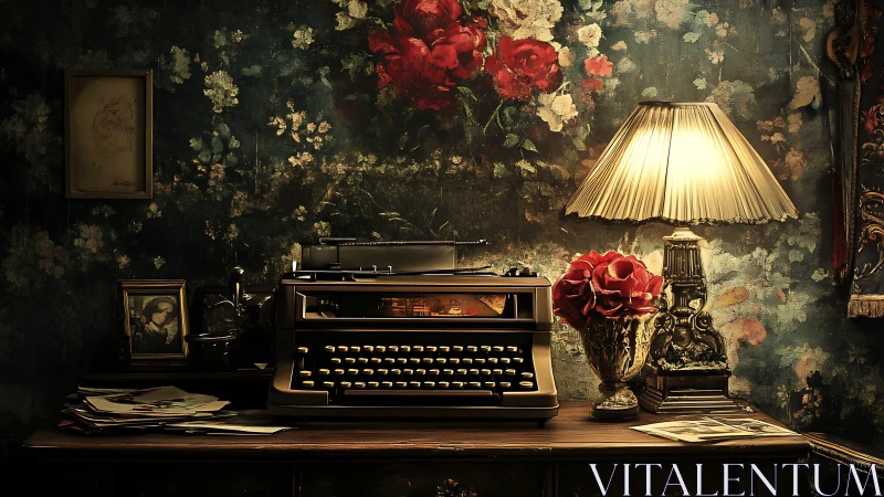 Vintage typewriter on floral desk with warm lamp glow.