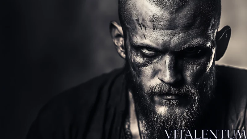High-contrast gritty portrait of intense battle-hardened man.