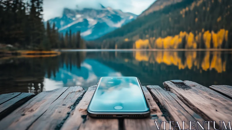 Smartphone on weathered dock mirrors vivid alpine lake panorama