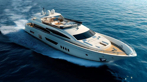 Luxury motor yacht cuts diagonally across sunlit open sea