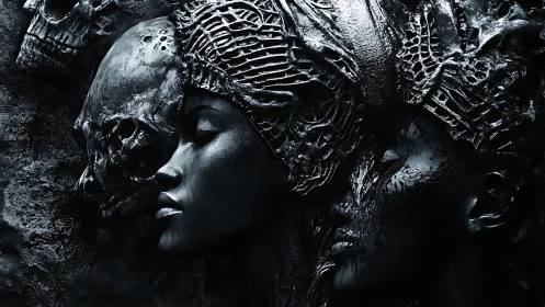 Textured monochrome biomechanical female masks with skull forms