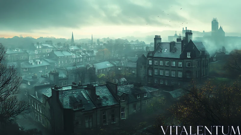 Moody mist over Victorian rooftops in twilight rain-soaked town.